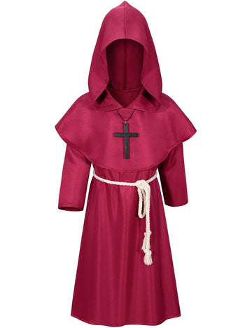 Kids Medieval Renaissance Monk Costume Priest Friar Wizard Cloak Hooded Robe Cosplay Costume Belt Necklace Set(RD 130)