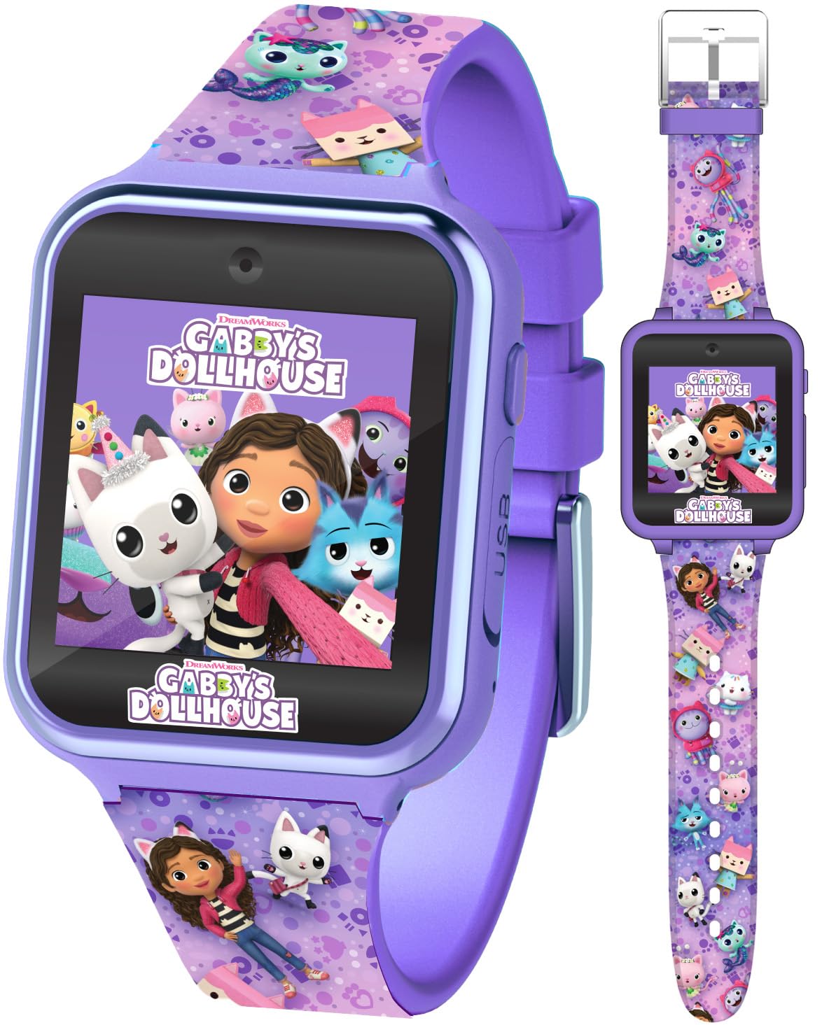 Accutime Kids Gabby'S Doll House Purple Educational Touchscreen Smart Watch Toy For Girls, Boys, Toddlers - Selfie Cam, Learning Games, Alarm, Calculator, Pedometer & More (Model: Gab4007Az)