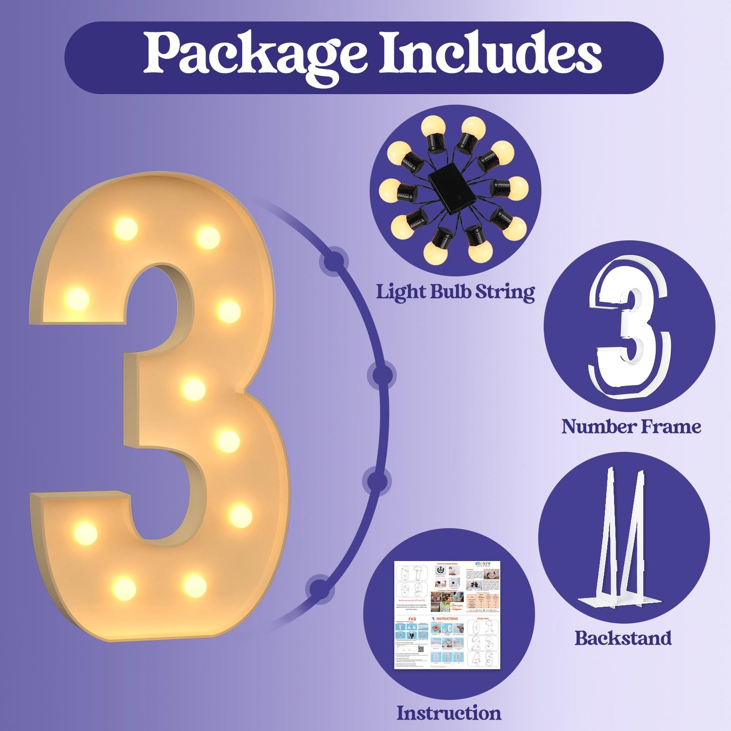 4Ft Large Light Up Numbers, Giant Marquee Numbers 3 For 3Rd 13Rd 30Th Birthday Decorations, Big Light Up Numbers For Party Anniv