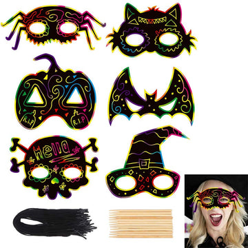 Ccinee 36Pcs Halloween Scratch Paper Mask, Magic Scratch Off Art Masks With Elastic Cords And Wood Stylus For Halloween Costume Dress Up Party Decorations