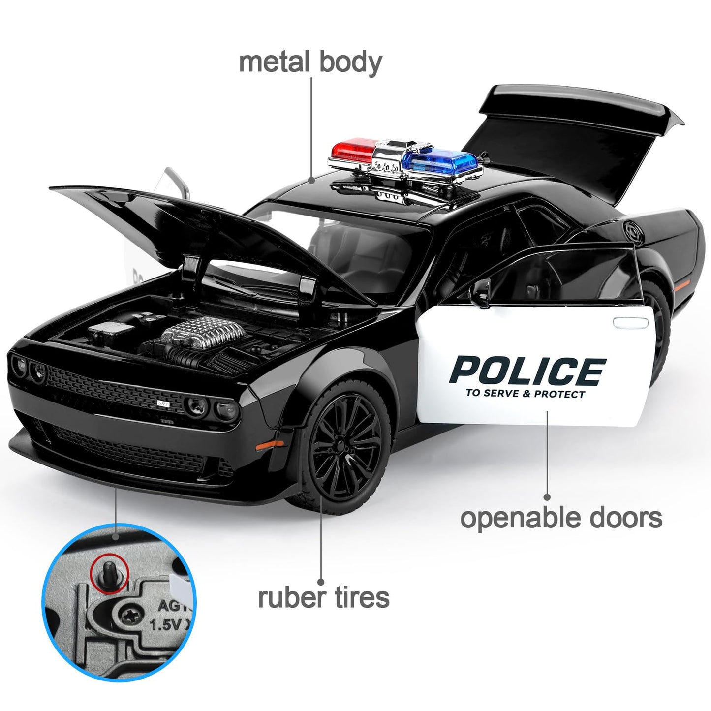 SASBSC Police Car Toys for Boys Age 3-12 1:22 Hellcat Toy Cars Diecast Metal Car Model with Light & Sound Collectable Muscle Car