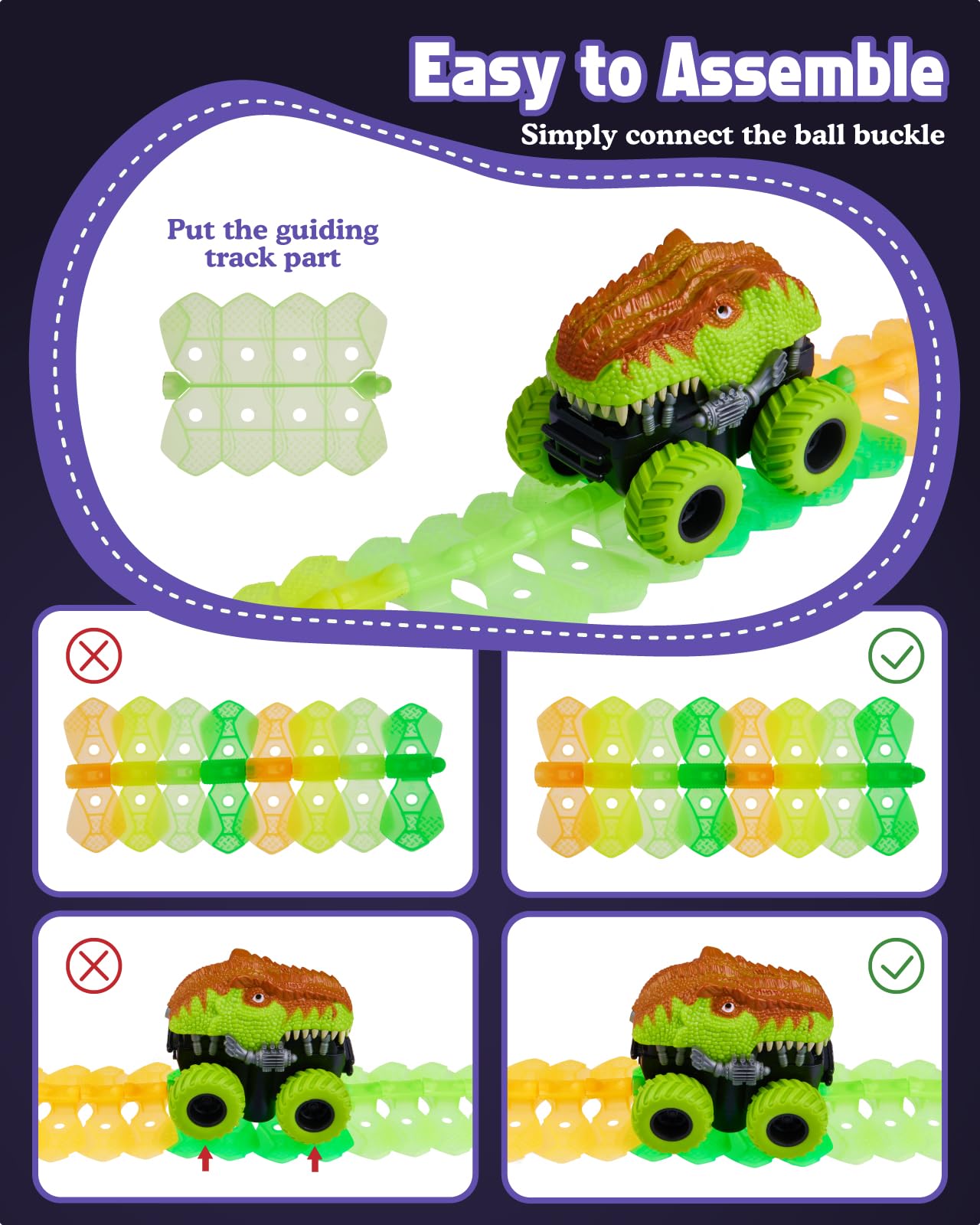 Magic Car Track Set, 154PCS Glow Race Track, Flexible Race Car Tracks, Dinosaur Train Set Glow in The Dark, Race Tracks for Kids