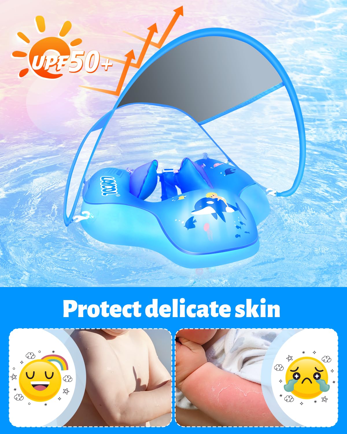 LAYCOL Baby Swimming Float Ring XL - Inflatable with Sun Canopy, No Flip Over, Deep Blue, Model B1214Y for Ages 3-36 Months