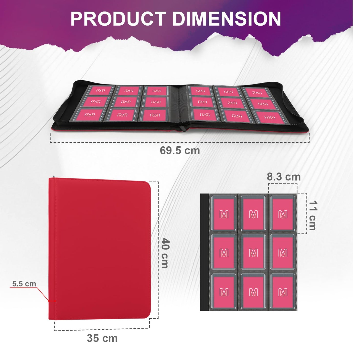 Toploader Binder Trading Card Binder Storage Hold up 288 Cards 9-Pocket Top Loader Binder with Sleeves for 3x4 Rigid Toploaders Hard Cases (9Oxblood Red)