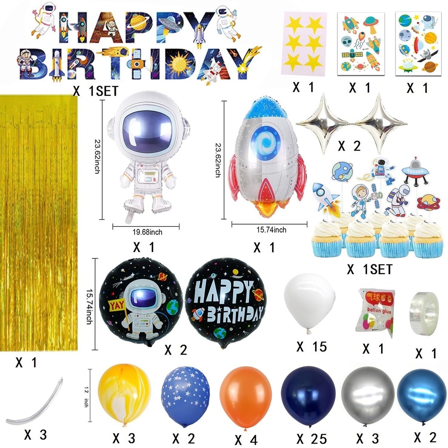 Outer Space Theme Birthday Party Decorations Happy Birthday Banner Balloons Tattoo Stickers Cake Toppers For Birthday Party, Boy