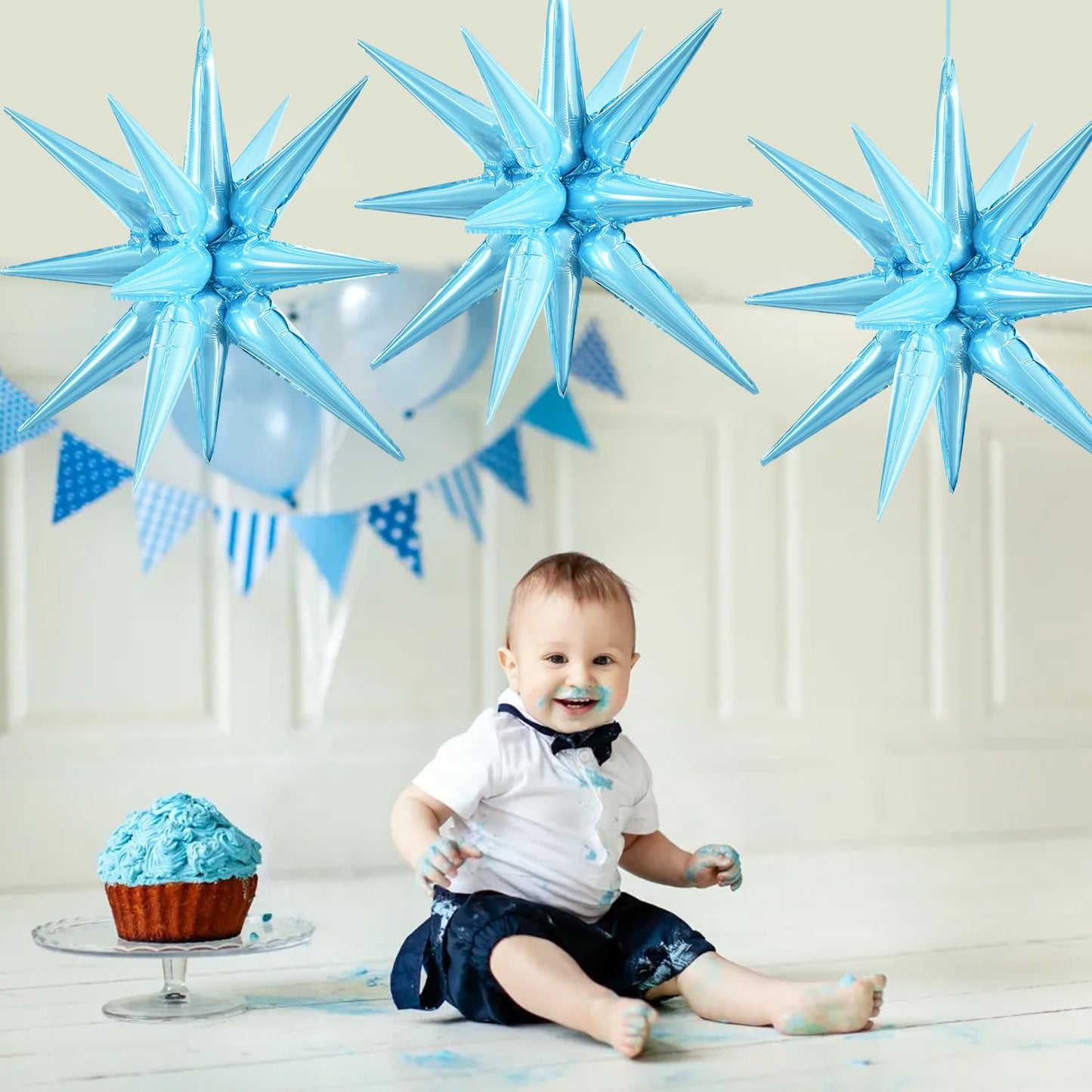 Toniful 4 Pcs 22Inch 4D Light Blue Explosion Star Mylar Balloons 14Point Star Balloons For Party Backdrop Christmas,New Year Bir