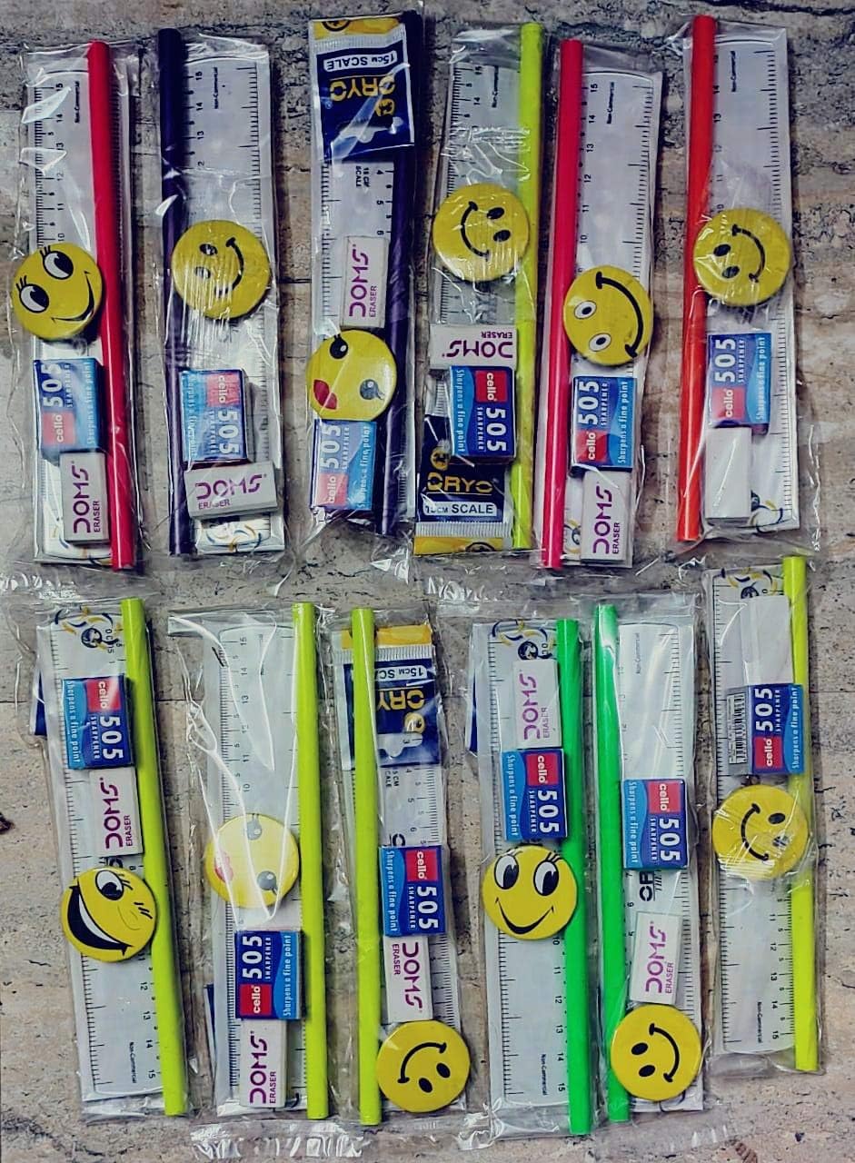 Sky Flying School Boy And Girls Kids Return Gift Pencil, Scale, Eraser, Sharpener & Smiley Batch Stationary Set (Pack Of 12)