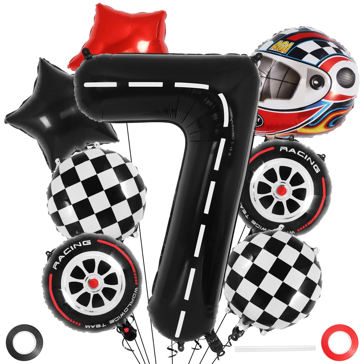 Race Car 7 Balloons, 40 Inch Racetrack Number 7 Balloon, Large Foil Mylar Racetrack Black 7 Balloon For 7 Year Old Birthday Race