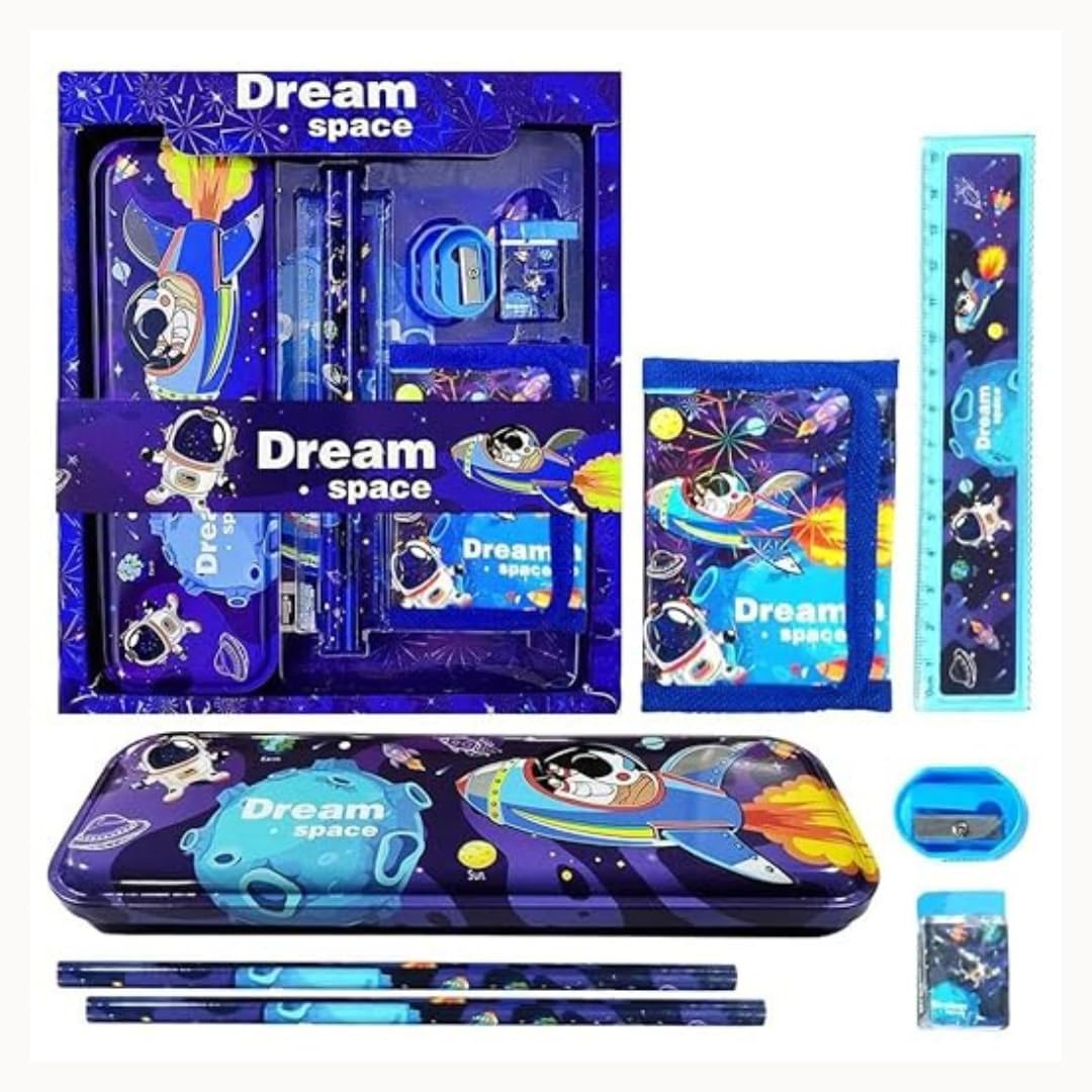 Kids Stationery Gift Set For Boys & Girls | Pencil Box, Pencils, Ruler, Sharpener, Eraser & Wallet | School Supplies Combo For S