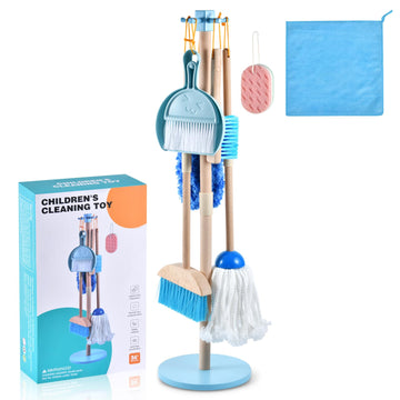 Whoholl Wooden Toddler Cleaning Set, Blue Toys Montessori Toys For 3+ Years Old Boy, Housekeeping Play Set Includes Broom Mop Du