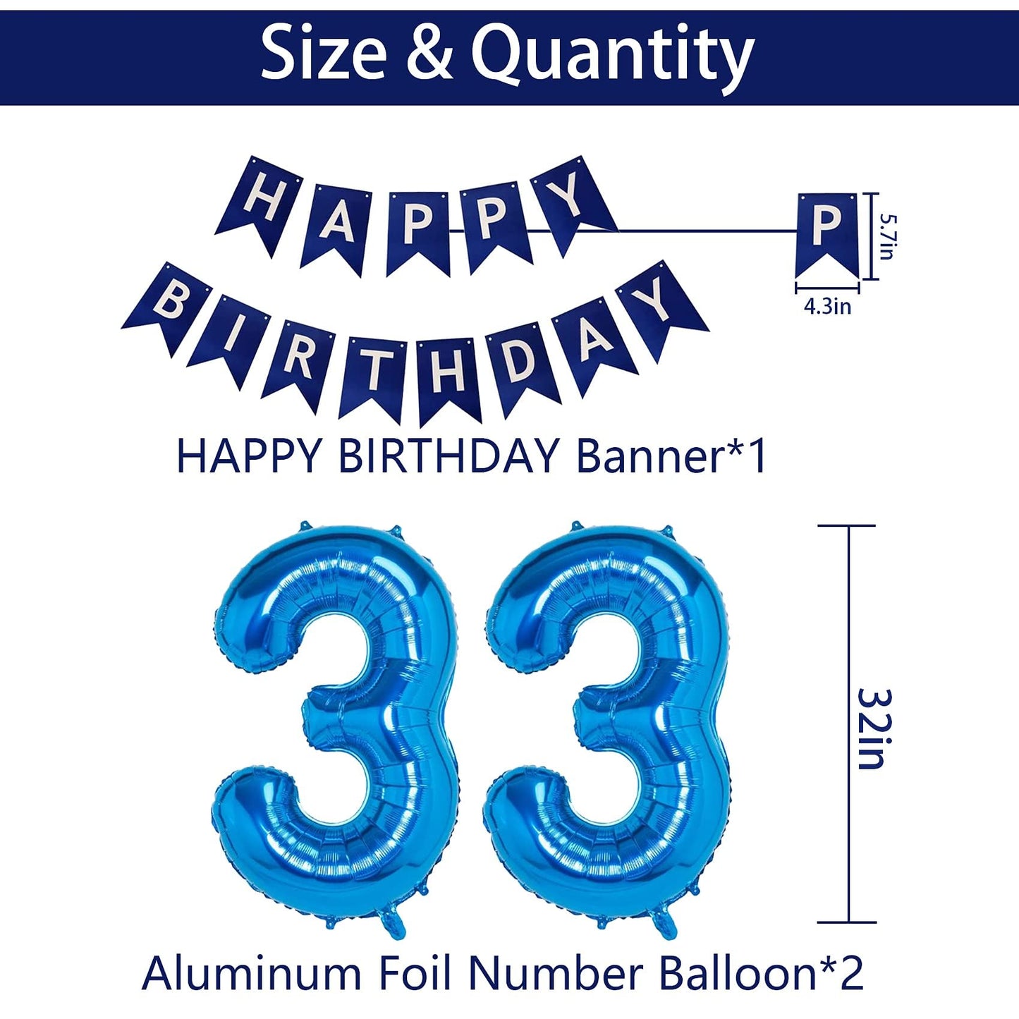 Naninuneno 33Rd Blue Birthday Party Decorations For Boy Girl Men Women, Happy 33 Birthday Balloons Supplies With Happy Birthday