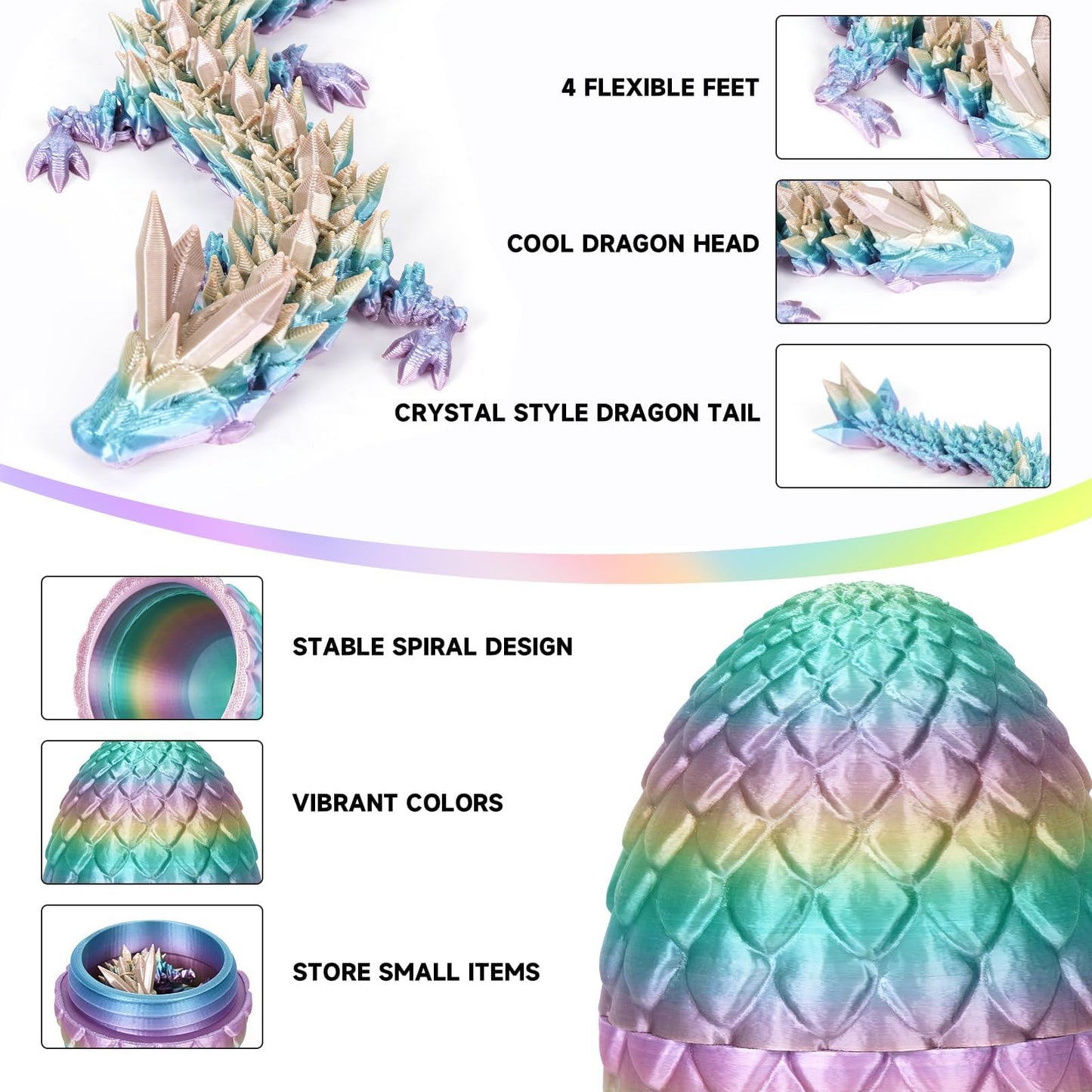 3D Printed Dragon Egg, Dragon Eggs With Dragon Inside, Articulated Dragon, Mystery Dragon Egg Fidget Toy, 3D Dragon Eggs Surprise Fidget Toy (A-Rainbow)