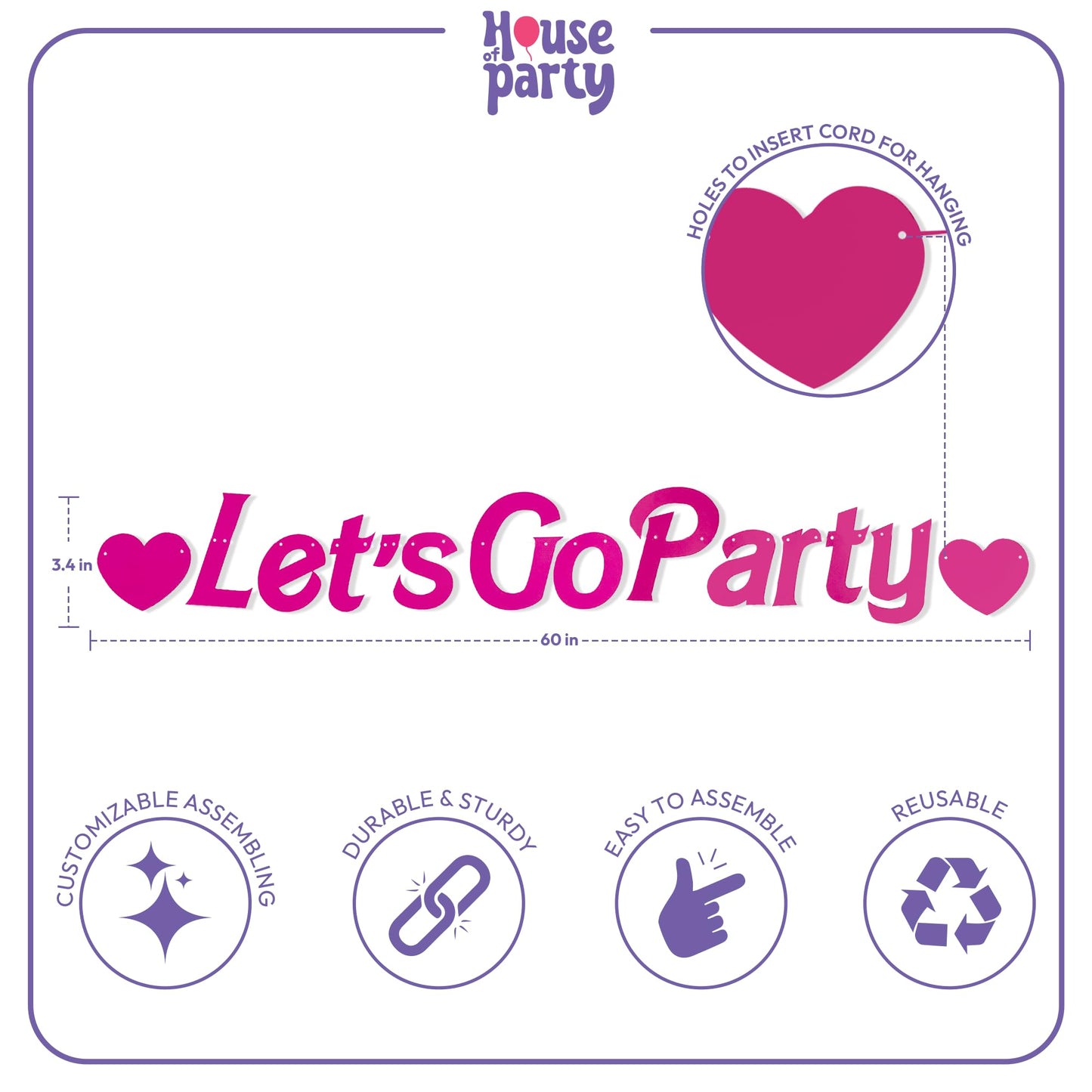 HOUSE OF PARTY Lets Go Party Banner - 5 Ft | Pink Glitter Bachelorette Party for Decoration | Girls Banner for Photo Props, Bir