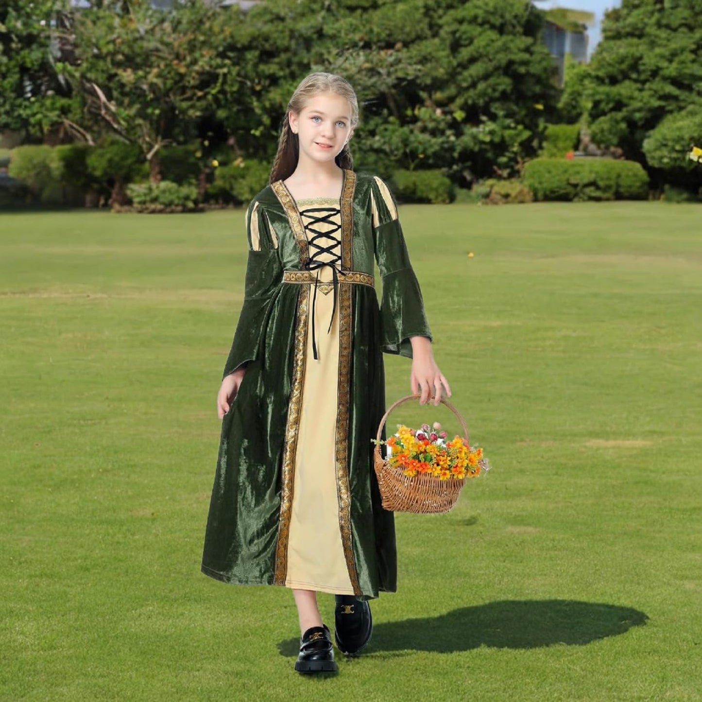 Colorful House Girls Renaissance Dress Medieval Dress Royalty Princess Child Dress Up Fancy Costume For Halloween(10-12Y,Green)