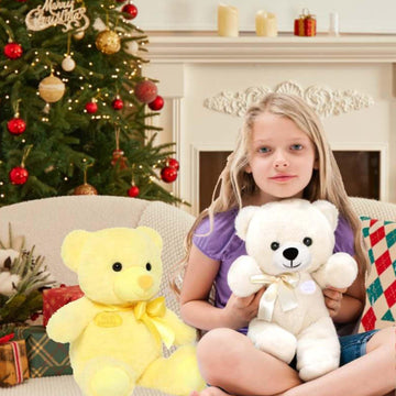 Tezituor Small Teddy Bear Stuffed Animals, Pack Of 2 Cute Bear Plush With Bow Tie For Boy Girl Kids, White And Yellow Stuffed Be