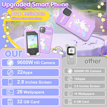 Kids Smart Phone for Girls, 2.8'' Touchscreen Play Phone with 32G SD Card, Dual Camera, Puzzle Game, Music Player, Christmas Bir