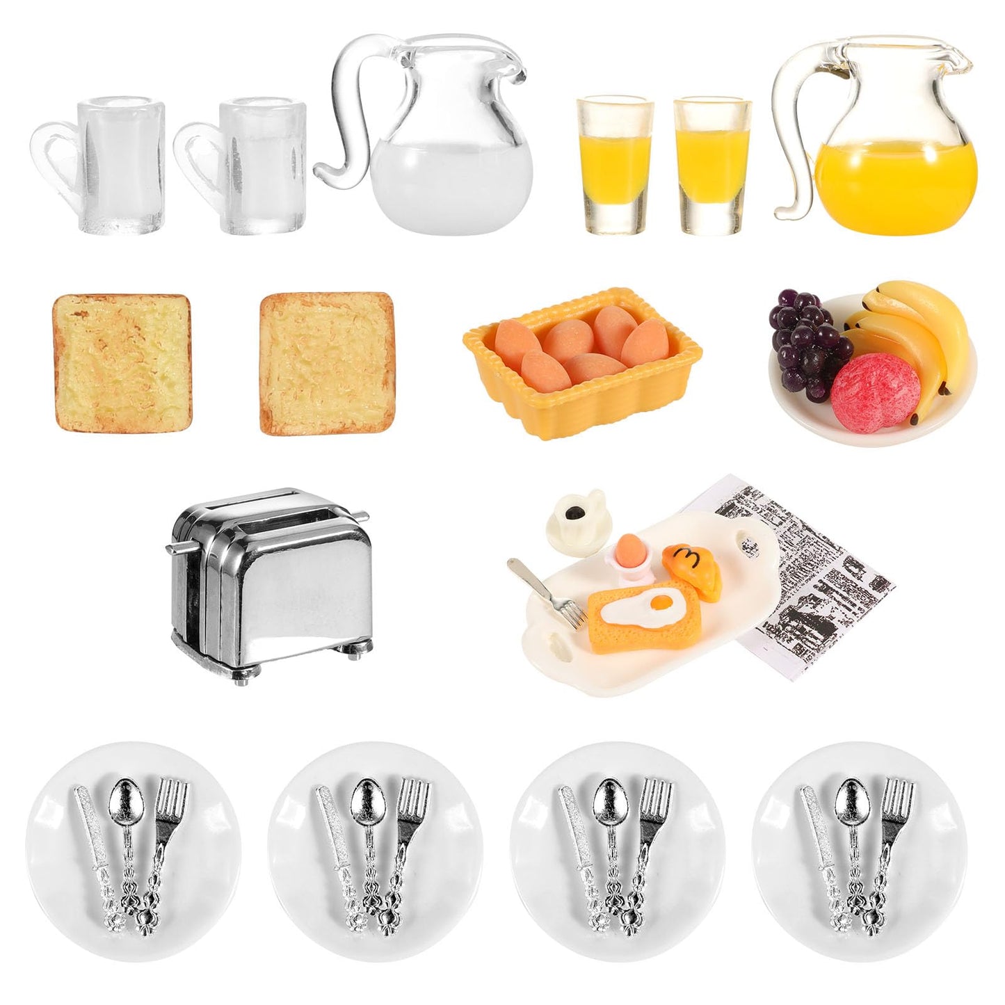 Simarro Miniature Dollhouse Breakfast Accessories, 46 Pcs 1:12 Scale Mini Toast Machine Bread Milk Eggs Cups Fruits Plates Fork