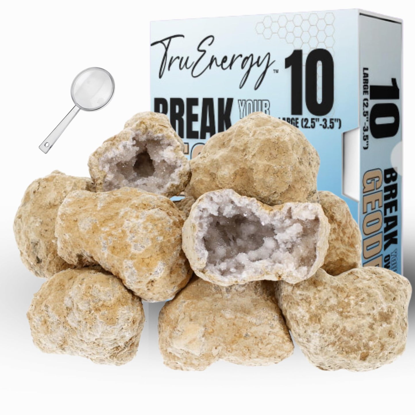 TRUENERGY Large Break Your Own Geodes 10 (2.5 -3.5) enhanced Easy to Open Geode with Crystals - Includes Magnifying Glass and Instructions  STEM Science Kit
