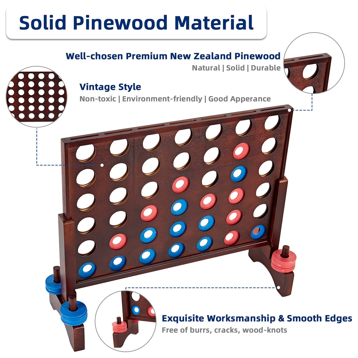 Speedarmis Giant Wooden 4 In A Row Game - Fun Indoor And Outdoor Board Game For Teens, Includes 42 Pcs Dics And Carrying Bag