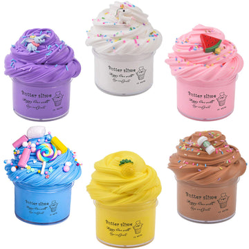 Keemanman 6 Pack Butter Slime Kit With Elephant, Unicorn, Watermelon, Candy, Pineapple And Coffee Charms, Scented Diy Slime Supp