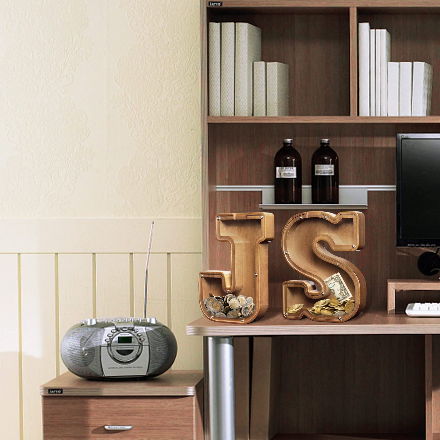 Aorcmitn Large Wooden Letter Coin Personalized Piggy Bank For Boys Girls Kids Toddler Adults Money Bank Best Gift For Friends (9.2 Inch-S)