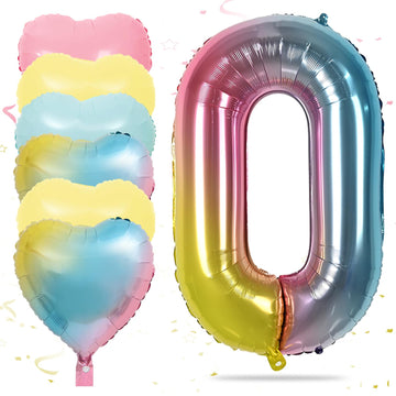 Biapian 40 Inch Rainbow Number 0 Balloon, Large Size Foil Number 0 Birthday Balloons With Gradient Heart Shape Balloons Helium F