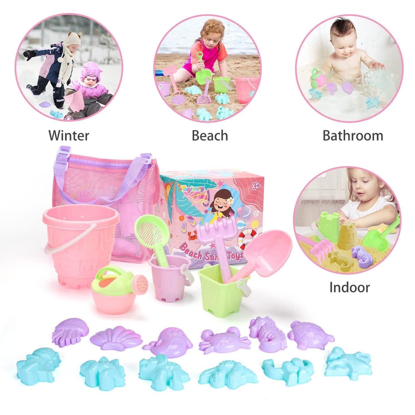 Tagitary Beach Sand Toys Set for Kids 3-10 with Bucket Watering Can Shovel Rake Sand Molds Beach Shell Bag