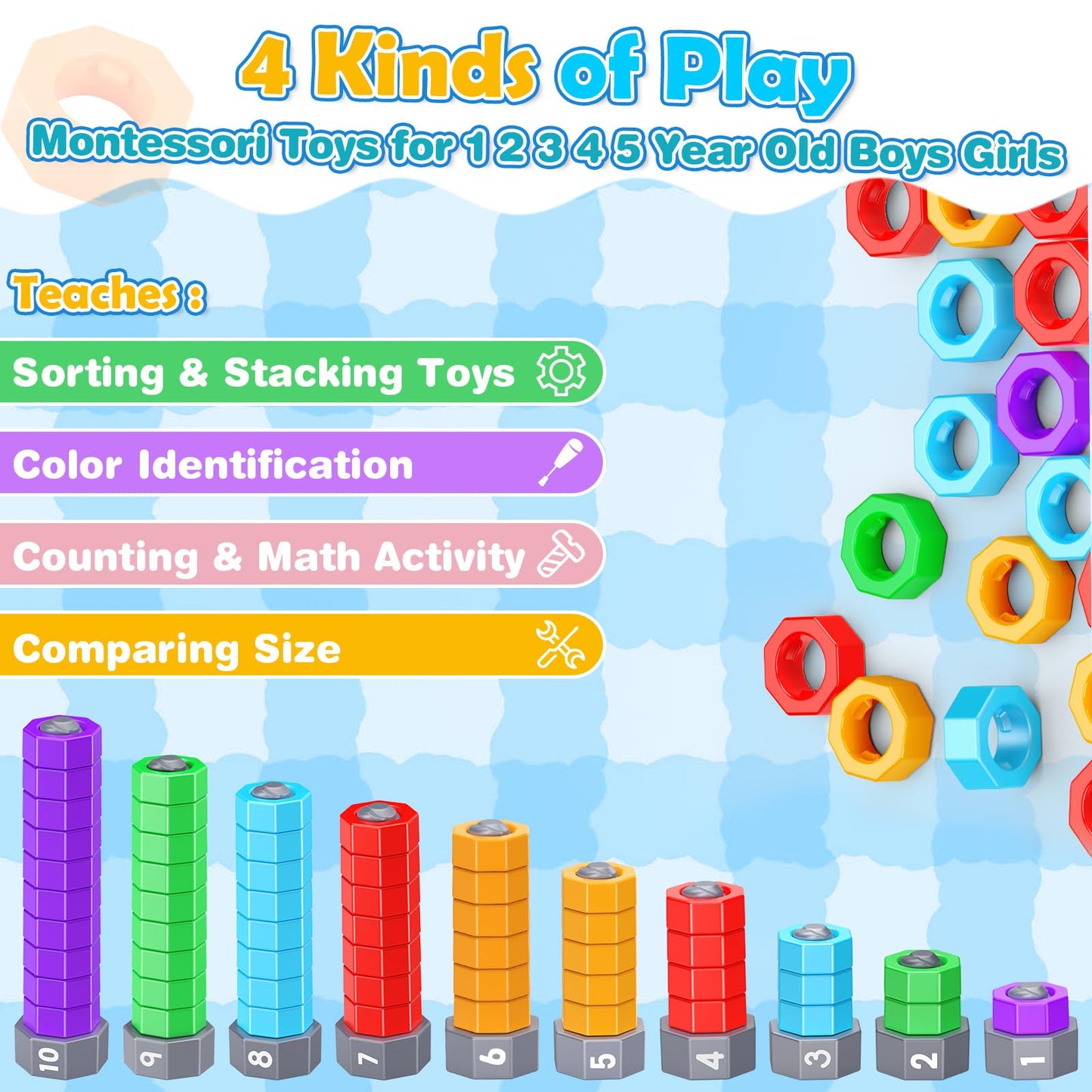 LIWIN LET'S GO! Montessori Toys for 1-5 Year Olds, 2-in-1 Counting & Spinning Stacking Toys, Educational Gifts for Kids, Autism Sensory Toy