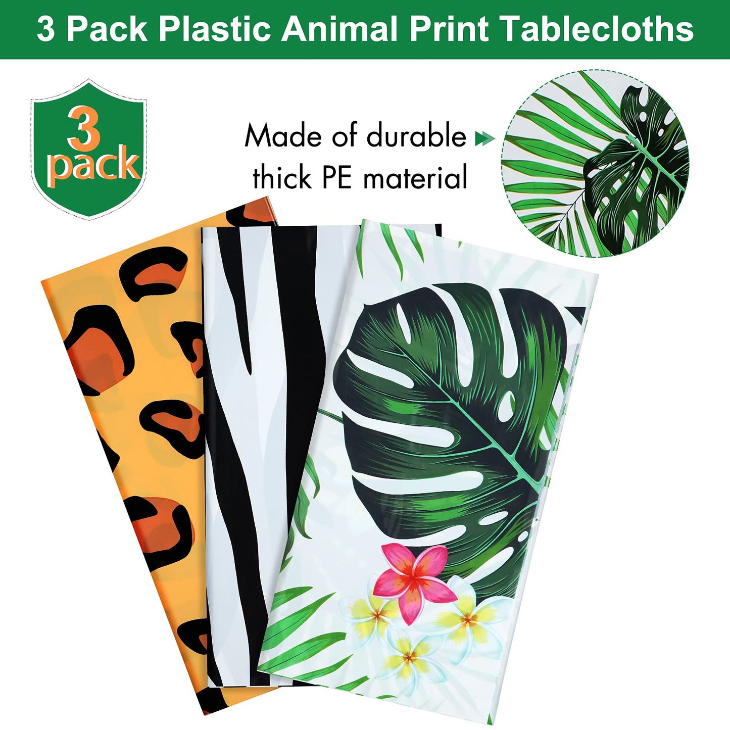 Animal Safari Tablecloth Jungle Animal Theme Tablecover Tiger Zebra Giraffe Print Table Cover Tropical Leaf Tablecloth Party Supplies For Jungle Safari Birthday Baby Showers (Greenery Style, 3 Pcs)