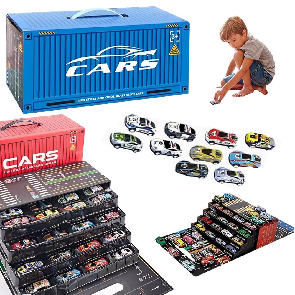 48 Mini Pull-Back Cars with Built-In Garage Set, Multiple Simulation Scenes Metal Alloy Racing car Toys, Die-Cast Vehicles Frict