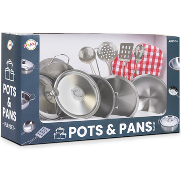 Playkidz Stainless Steel Pots and Pans - Toy Cookware 9 Piece Playset for Kids Pretend Play House - Great Birthday Gift for Girl
