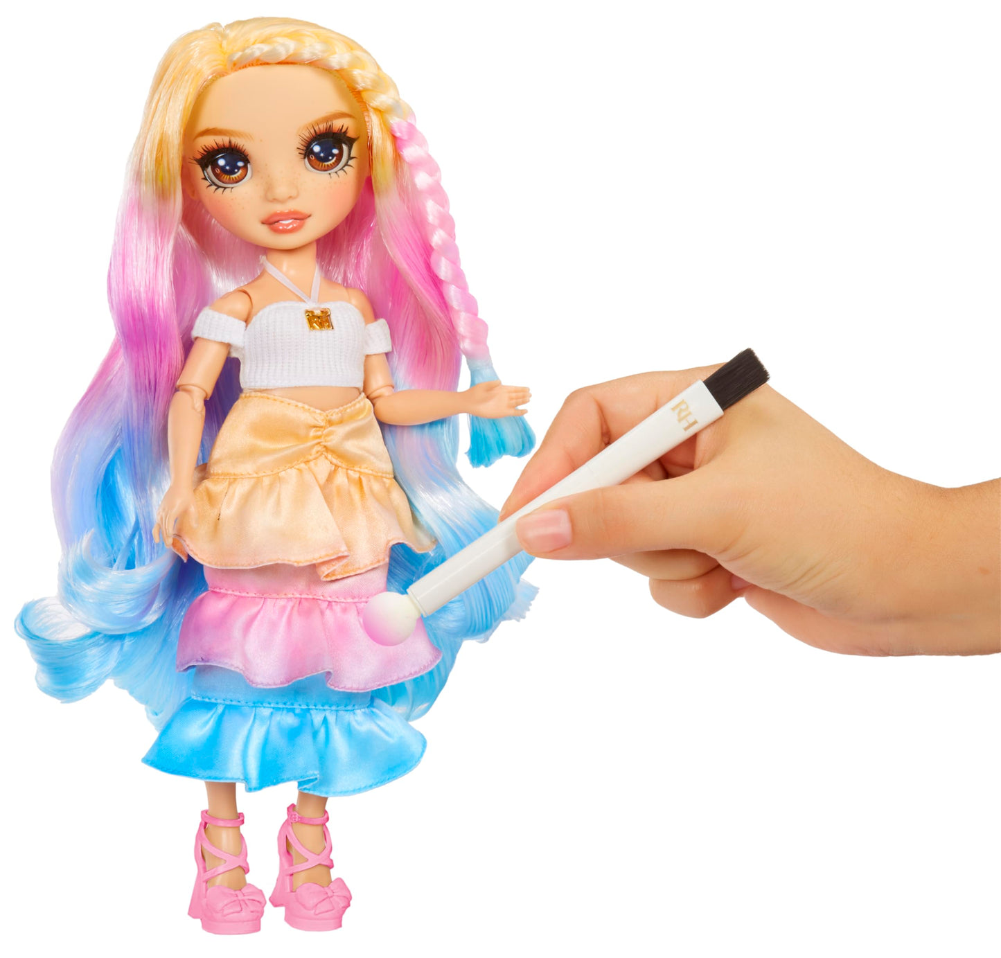 Rainbow High Watercolor & Create Fashion DIY Doll with Washable Watercolors + Tie-Dye Kit, Brown Eyes, Curled Hair, Bonus Top &