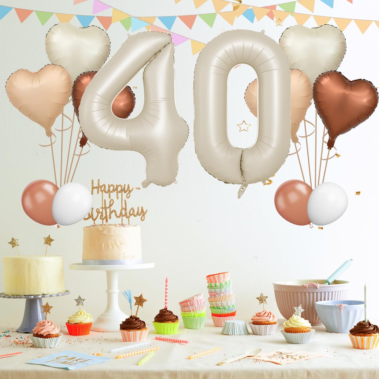 Biapian 40 Inch Cream Number 40 Balloons, 8Pcs Giant Foil Number 4 & 0 Balloons With 18'' Cream White Heart Balloon For 40Th Yea