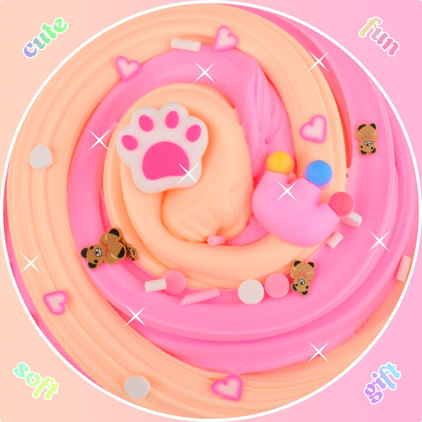 Deep Pink Peach Color Two-Toned Butter Slime,Cute Claws And Pink Crown Charms,Slime Making Kit,Scented Stress Relief Toys,Used A