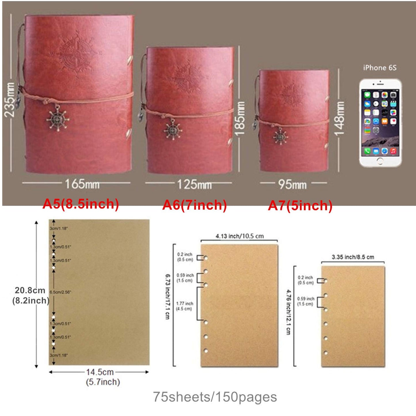 Ailifly 2 Pack Vintage Nautical Leather Writing Journal Diary Spiral Notebook Refillable Unlined Paper(5 Inches(A7), Paper)
