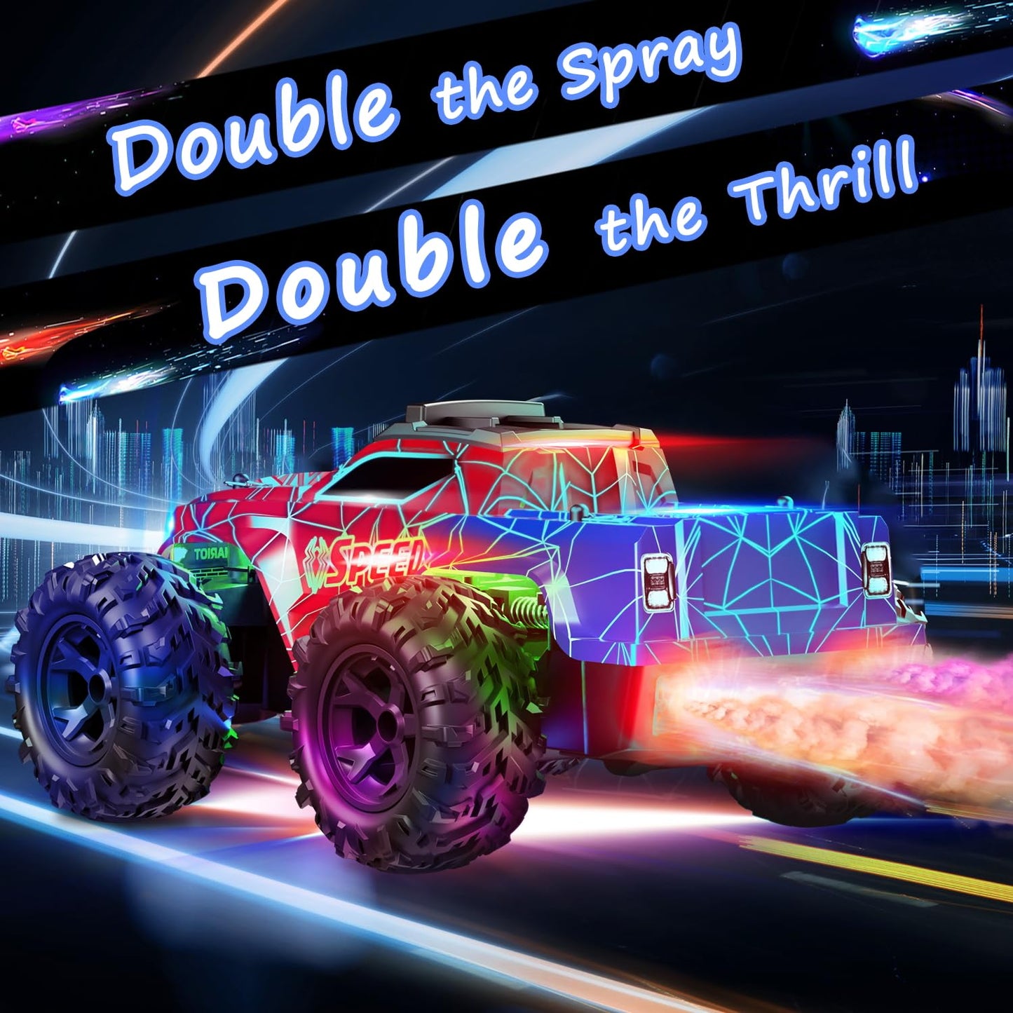 Remote Control Monster Truck All Terrain Rc Cars For Boy, 1:16 Scale Rc Truck With Colorful Led Lights & Spray, Kids Toys For Bo