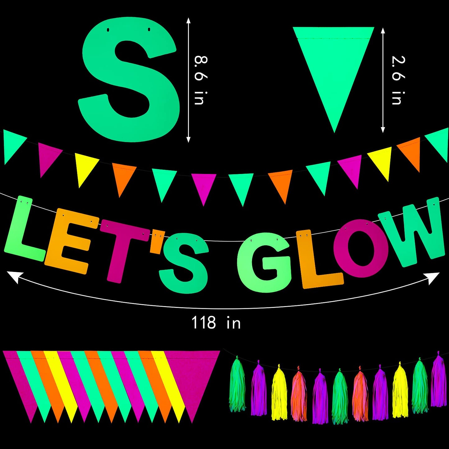 Outus Neon Party Supplies Includes Lets Glow Banner 20 Pieces Neon Paper Tassels and Neon Triangle Flag Glow in The Dark Party