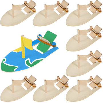 Deekin 24 Pcs DIY Toy Wooden Boats Kit for Crafts Bulk Mini Sailboat Model Rubber Band Paddle Boat Craft Paint Toys for Kids Bir