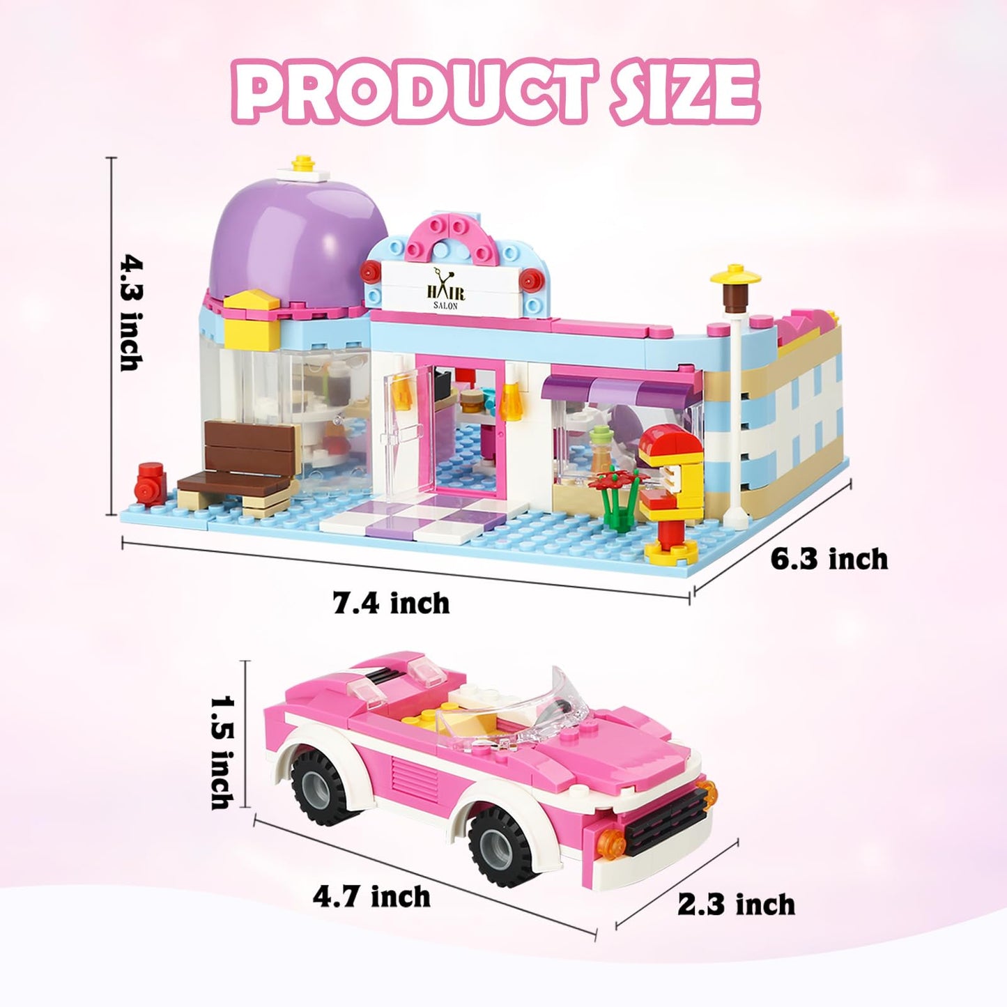 Brick Story Girls Friends Hair Salon Building Kit With 2 Mini People 5 Dolls Hair Creative Girls Friends Sets 358 Pieces With A Pink Convertible Car Stem Building Toys Gifts For Kids Age 6-12 And Up