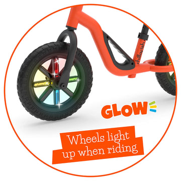 Chillafish Charlie Glow Lightweight Toddler Balance Bike Trainer With Light-Up Wheels For Children 18-48 Months, Learn To Ride With 10-Inch No-Puncture Tires, Adjustable Seat And Carry Handle, Orange