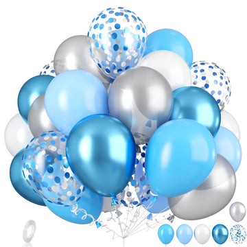 Blue Silver White Confetti Balloons Kit, Light Blue Metallic Blue Pastel Blue And Pearl Silver Birthday Balloons, Blue Silver Co