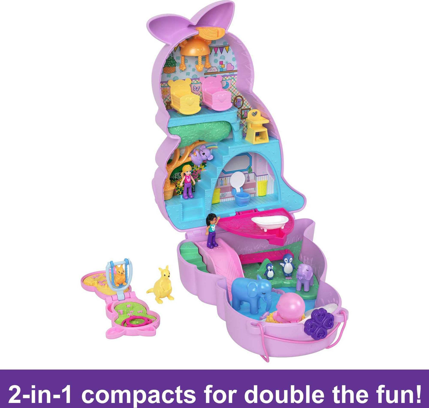 Polly Pocket 2-In-1 Travel Toy Playset, Animal Toy With 2 Dolls & Accessories, Mama & Joey Kangaroo Purse Large Compact