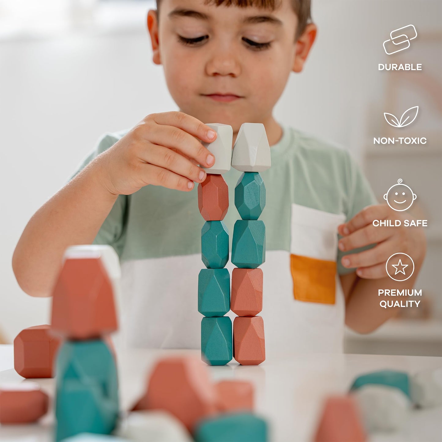 Comfy Cubs Stacking Rocks 36 Pieces, 36 Months+, Educational Toddler Stacking Blocks, Promotes Imagination, Balance & Fine Motor Skills - Wooden Rocks Sensory Toys Gift For Kid, Dino Pack