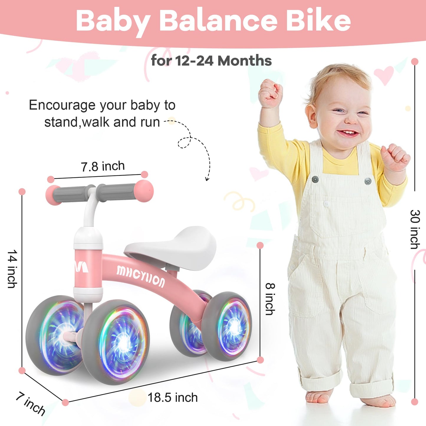 Mhcylion Shining Balance Bike Toys For Baby 1 Year Old Gifts,10-24 Months Toddler First Birthday Gift, No Pedal 4 Colorful Light