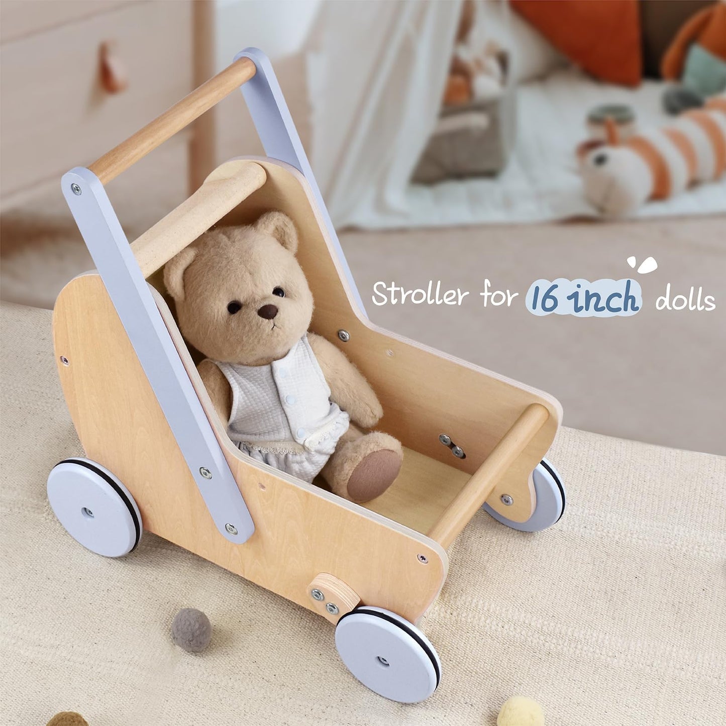 Pillowhale Wooden Baby Doll Pram Stroller,Wooden Baby Walker Push And Pull Doll Stroller,Baby Wooden Toy Stroller For Toddler Bo