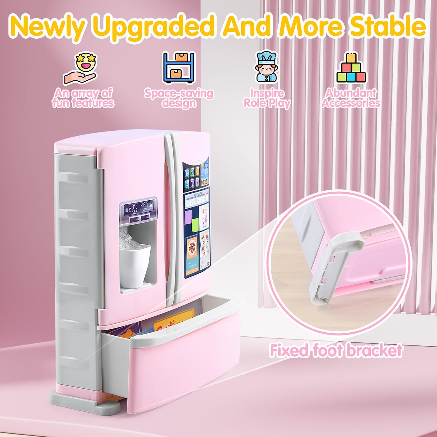 Play Kids Kitchen Refrigerator With Ice Dispenser, Pretend Kid Toy Fridge Kitchen Playset, Kitchen Appliance Accessories For Gir