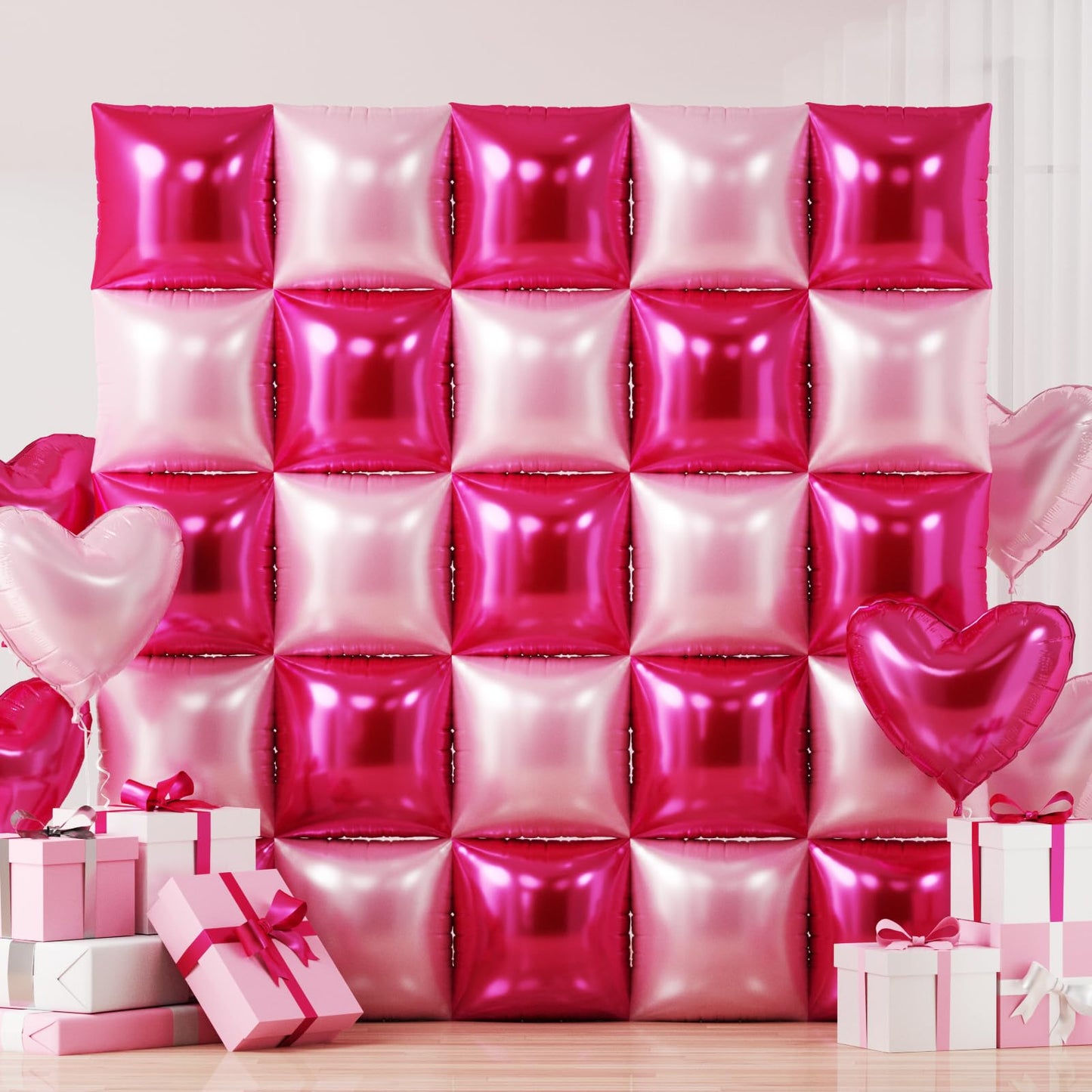 Hot Magenta Pink Square Foil Balloons Wall Tunnel Backdrop Double Sided Metallic Balloon Arch Garland Kit For Anniversary Bachel