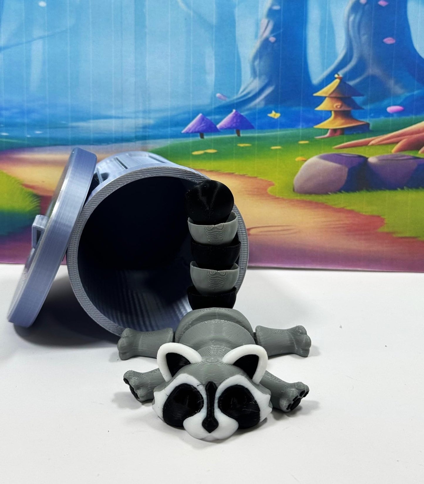 3D Printed Racoon With Trash Can, Articulated Racoon Fidget Toy For Adhd Autism, Gray, Black And White Trashcan Raccoon, Trash P
