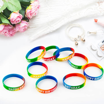 Dminya Happy Birthday Rubber Bracelets Colored Silicone Stretch Wristbands for Birthday Party Supplies Favors 30 Pack rubber bra