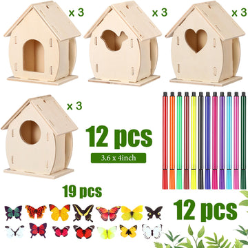 Outus 12 Pcs Wooden Birdhouse Craft Kits to Build, 4 Shapes Wooden Unfinished Bird House with Watercolor Pen and Butterfly Stick